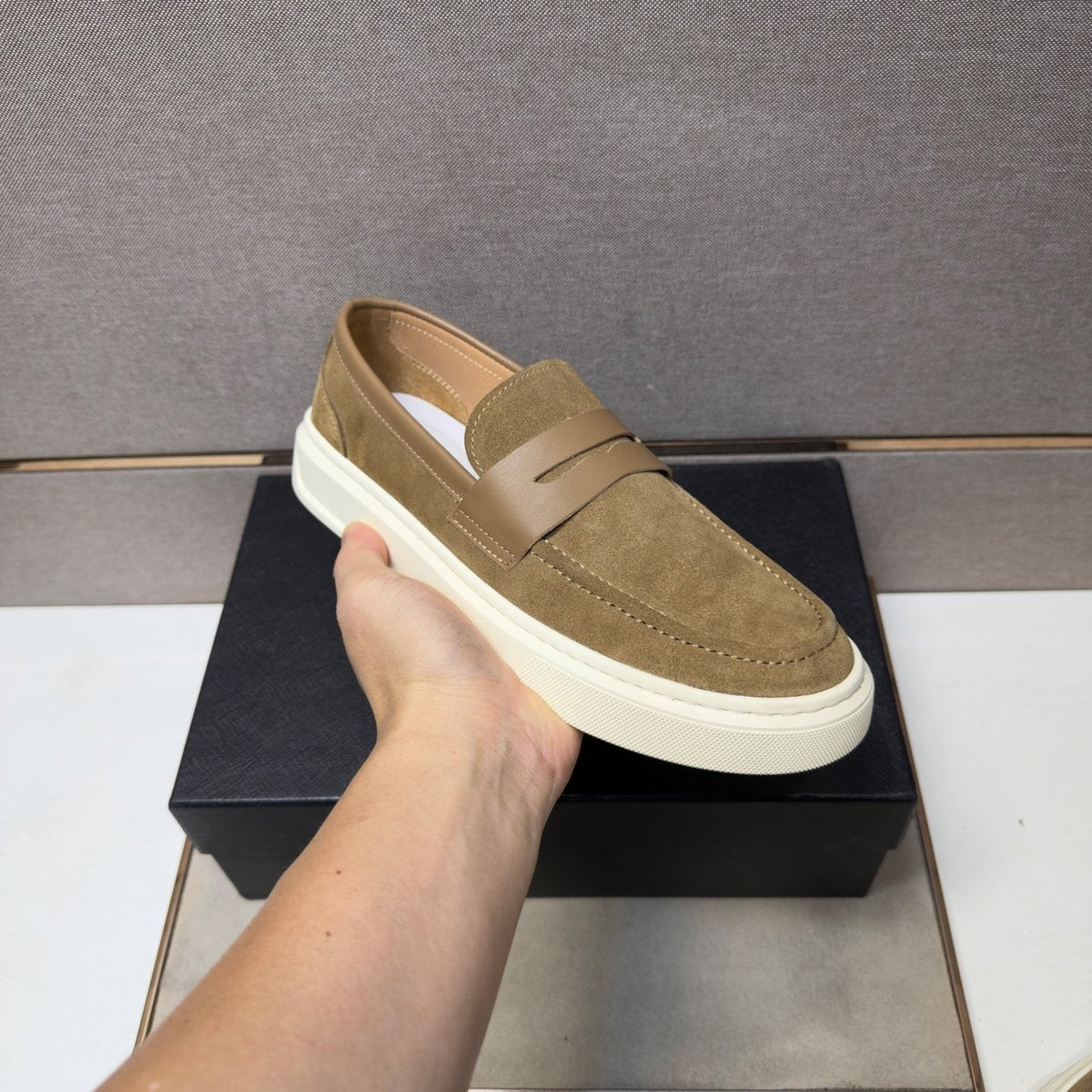 Prada Men's Penny Loafers with White Soles — model